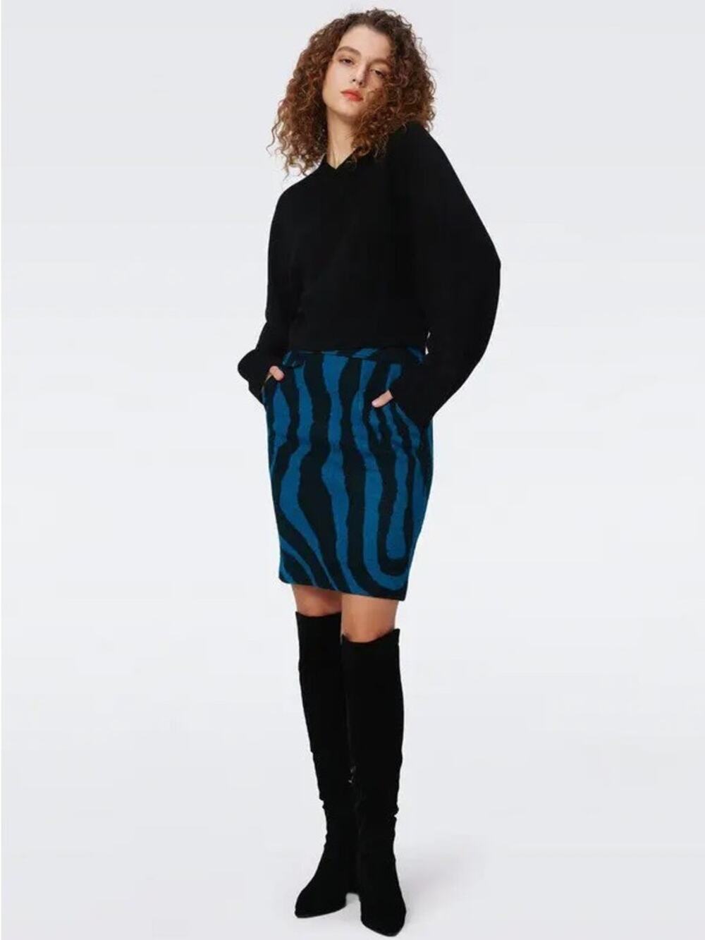 Diane Von Furstenberg Ethel Jacquard Wool Blend Skirt Blue Black Zebra Print 00